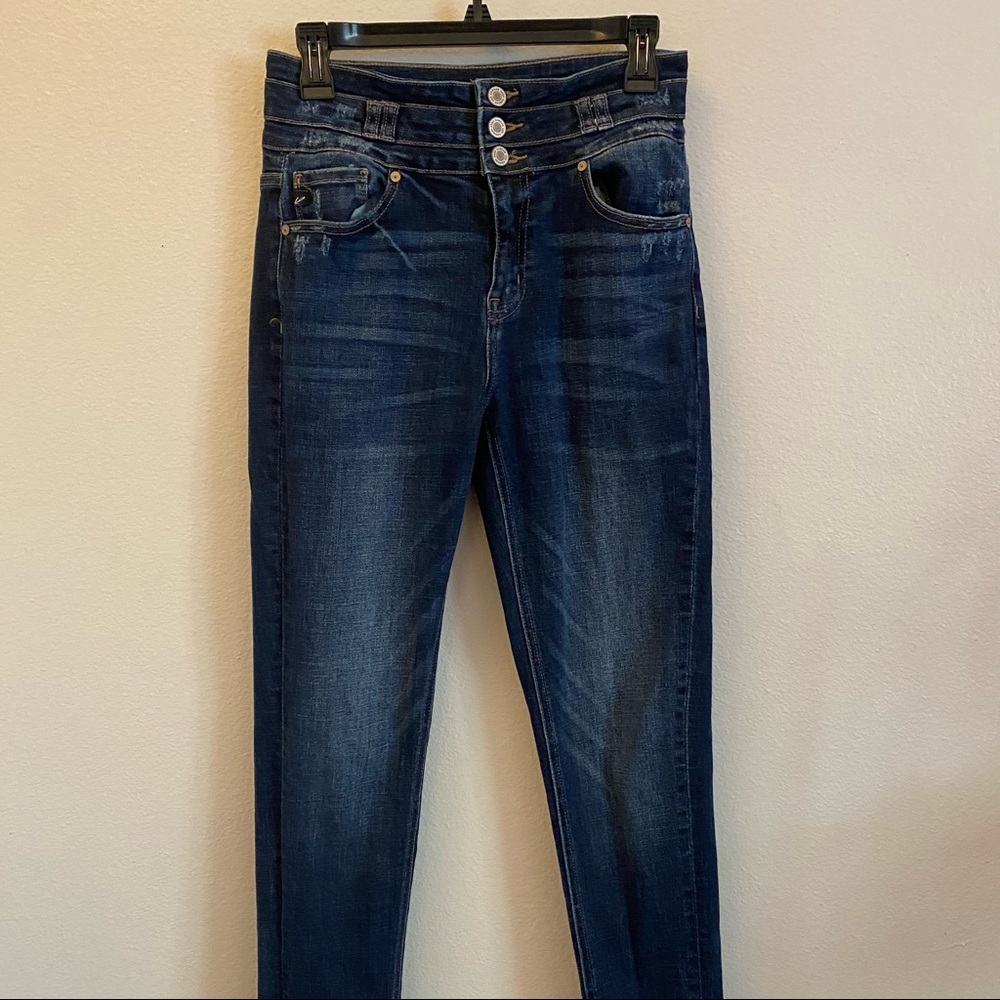 KanCan Dark Wash Straight Leg Jean - Lightly Distressed, buttons,